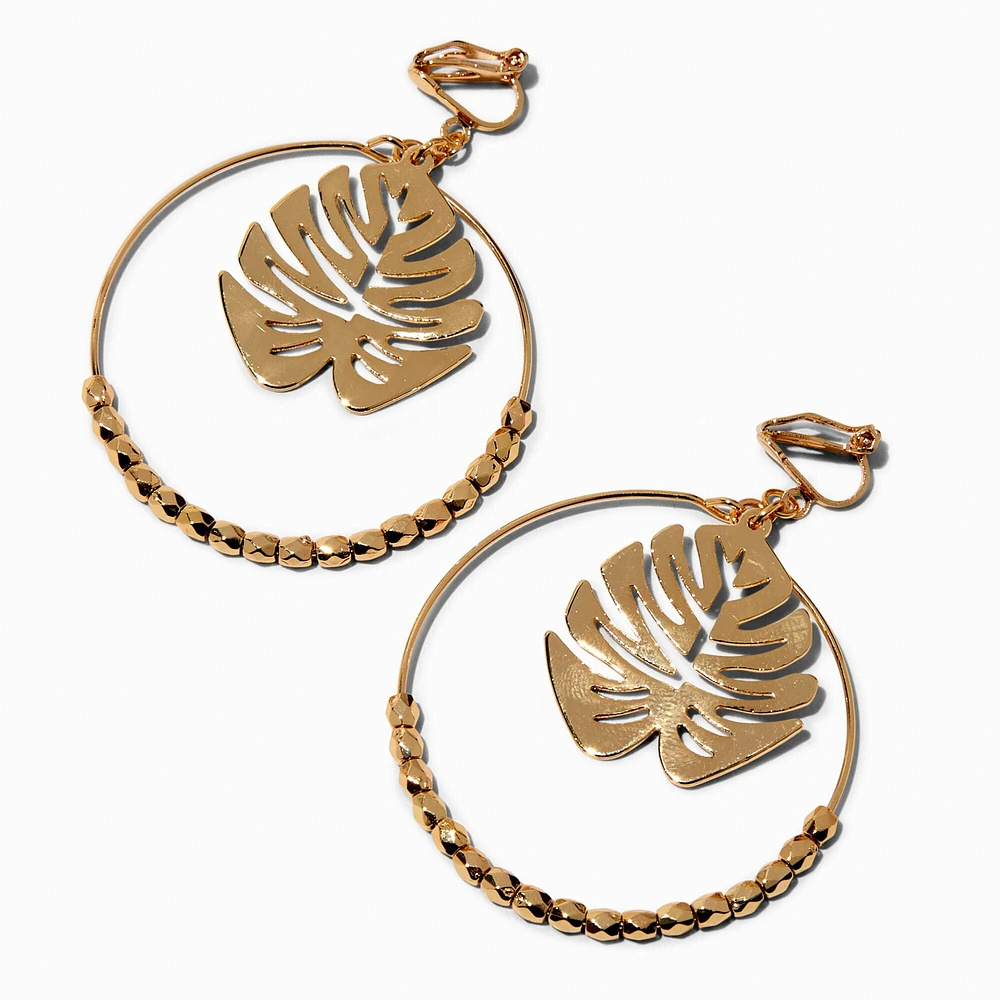 Gold-tone Monstera Leaf 2" Clip On Drop Earrings