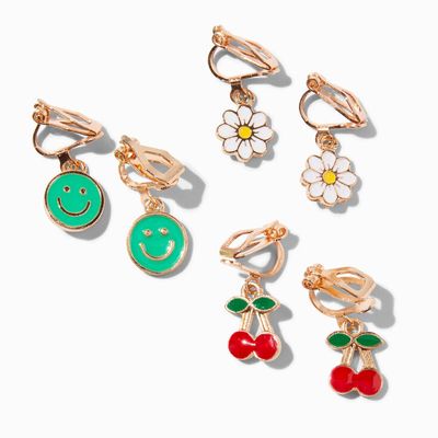 Gold Happy Face Daisy Clip-On Drop Earrings - 3 Pack
