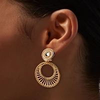 Gold-tone Double Circle 2" Clip-On Drop Earrings