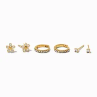 C LUXE by Claire's 18k Yellow Gold Plated Cubic Zirconia Flower Studs & Hoop Earrings - 3 Pack