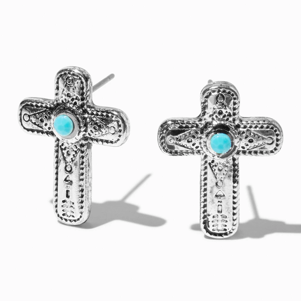 Silver-tone Filigree Cross Cowgirl Stud Earrings