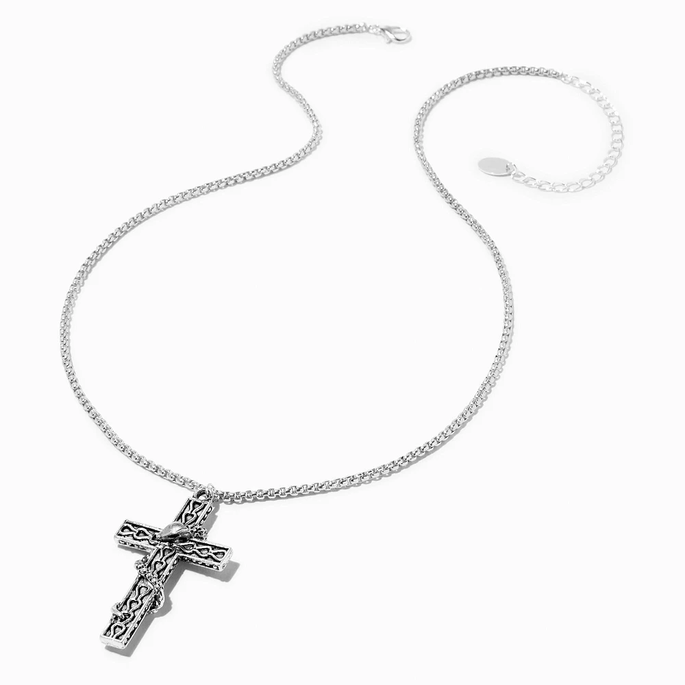 Silver Snake Cross Pendant Necklace