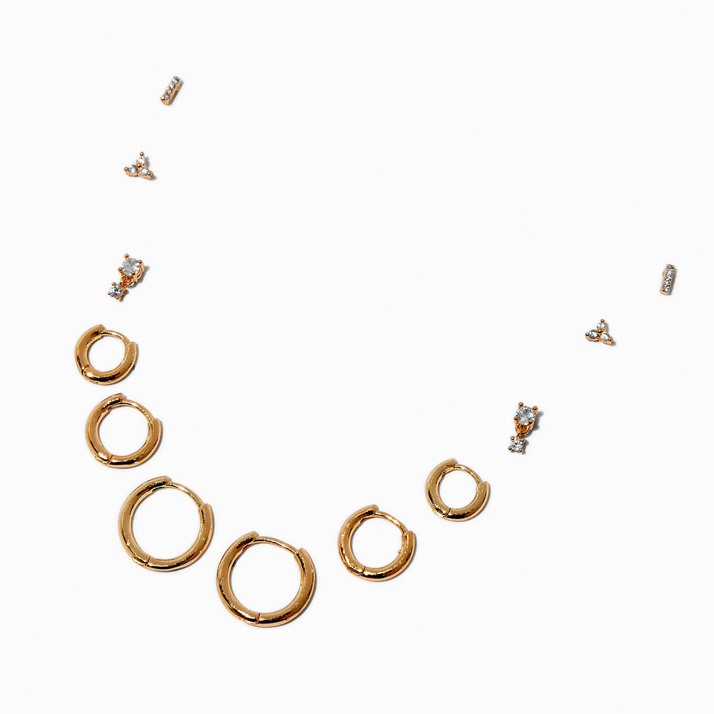 Gold-tone Cubic Zirconia Stud & Clicker Hoop Earring Stackables Set - 6 Pack