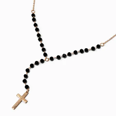 Black Beaded Gold-tone Cross Pendant Y-Neck Necklace