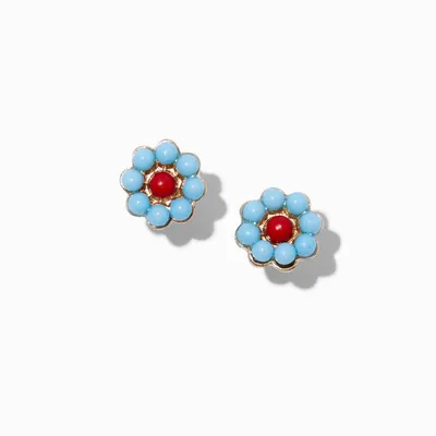Light Blue Beaded Flower Stud Earrings