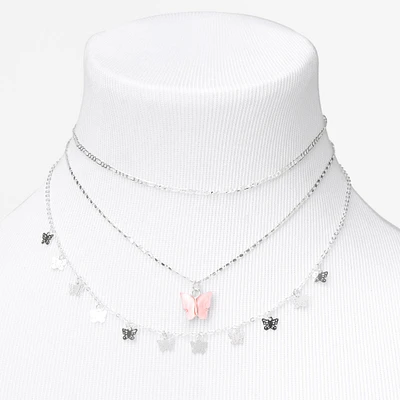 Silver Resin Butterfly Multi Strand Choker Necklaces - Pink, 2 Pack