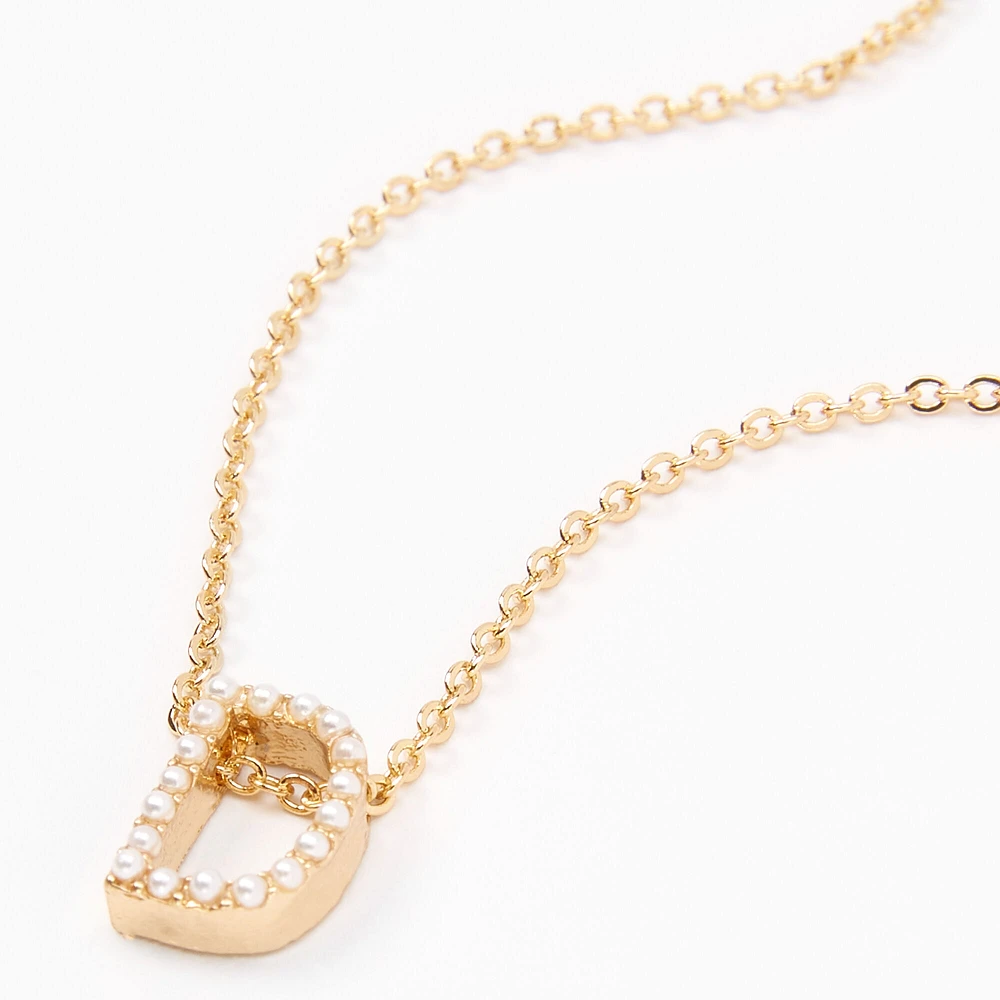 Gold Pearl Initial Chain Necklace - D