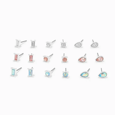 Mixed Crystal Silver-tone Stud Earrings - 9 Pack