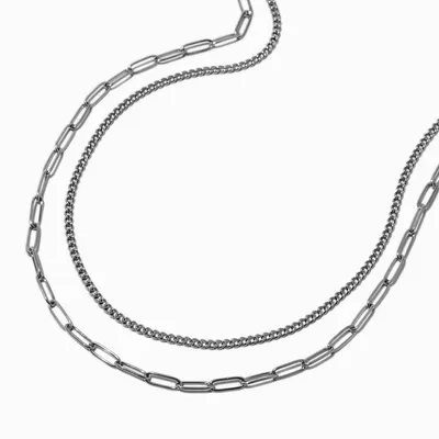 Silver-tone Stainless Steel Curb & Paperclip Chain Necklaces - 2 Pack