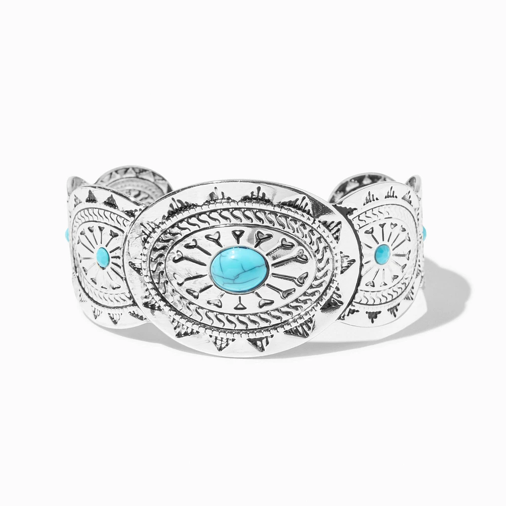 Silver-tone Turquoise Medallion Band Cuff Bracelet