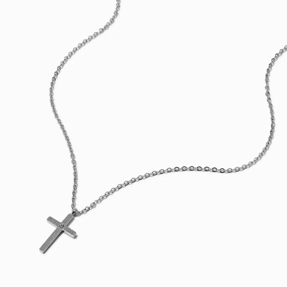 Silver-tone Stainless Steel Cubic Zirconia Cross Pendant Necklace
