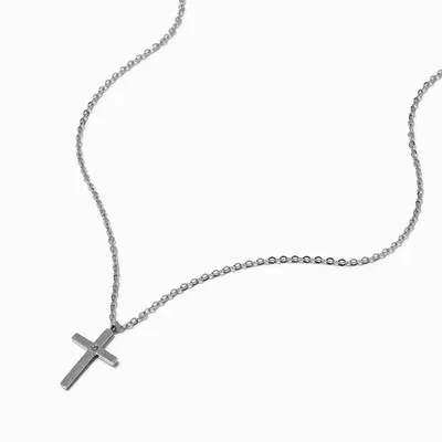 Silver-tone Stainless Steel Cubic Zirconia Cross Pendant Necklace