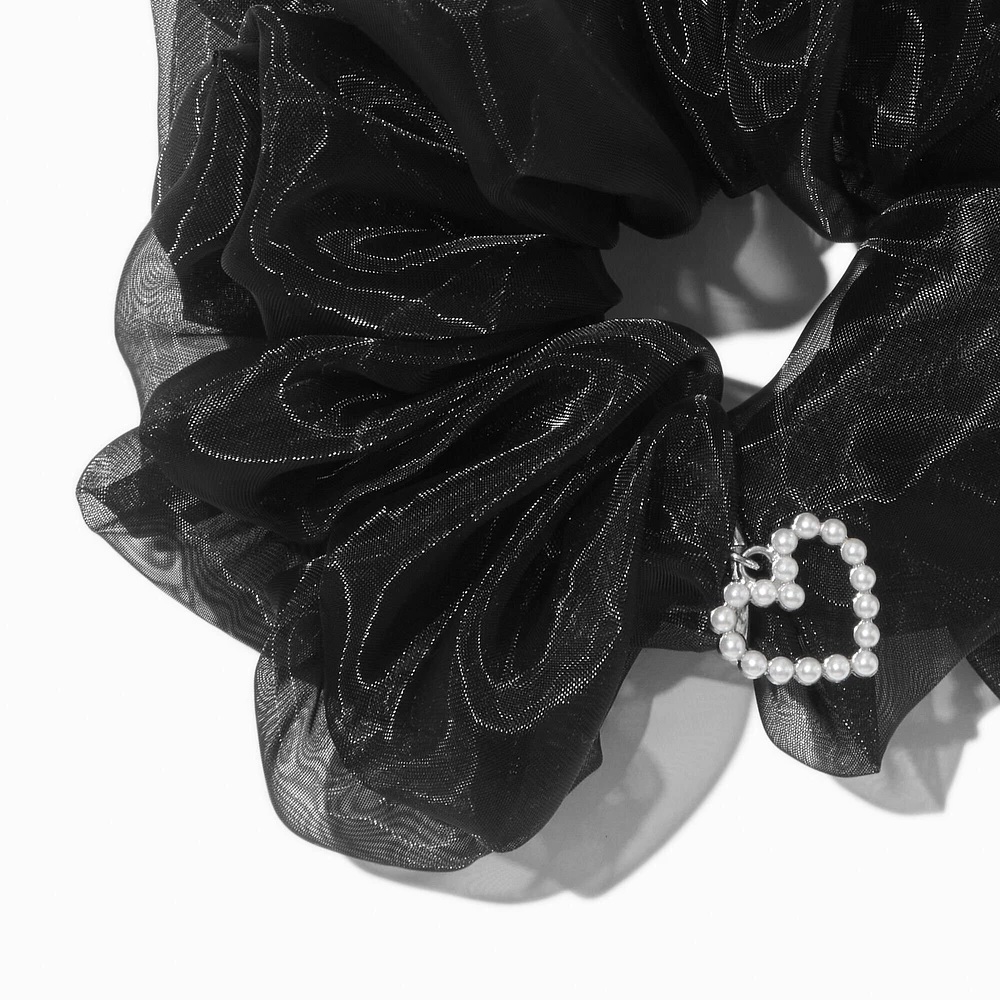 Black Organza Heart Charm Hair Scrunchie
