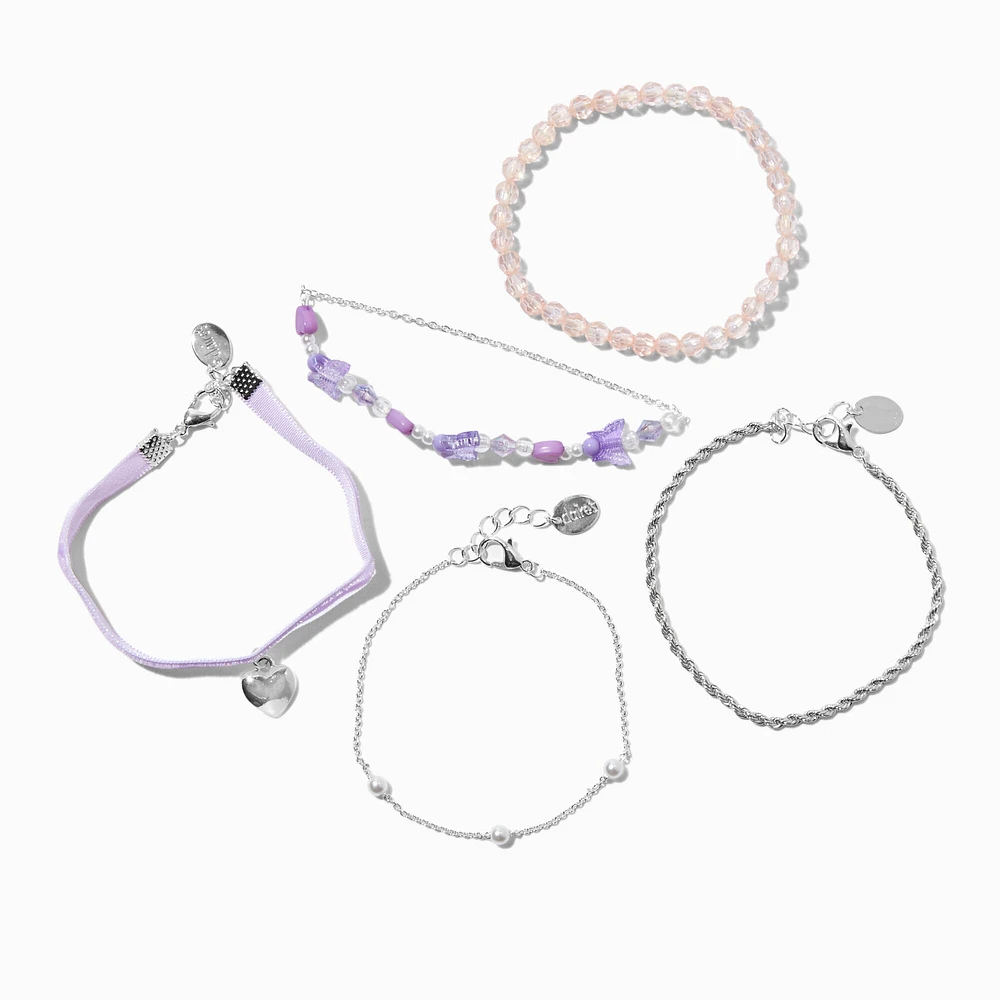 Silver Heart Purple Velvet, Beaded & Chain Bracelet Set - 5 Pack