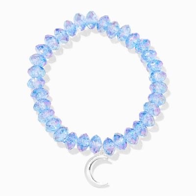 Silver Crescent Moon Blue Beaded Stretch Bracelet