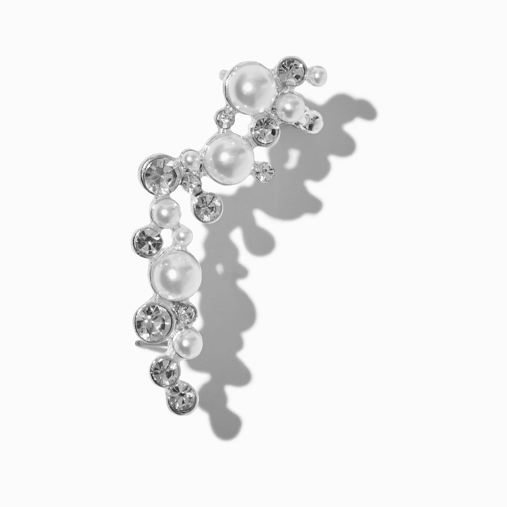 Pearl & Crystal Silver-tone Ear Crawler Earring