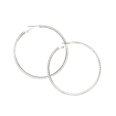 Faux Crystal Silver Hoop Earrings