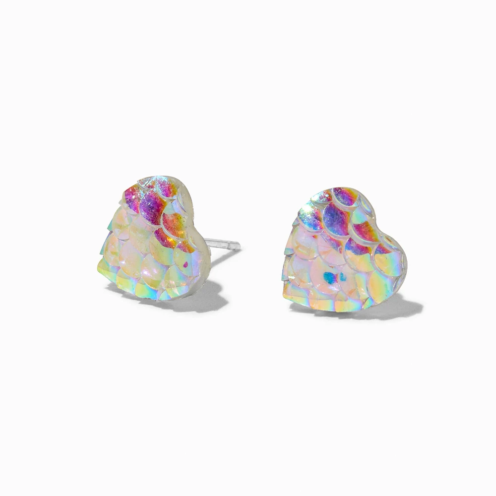 Iridescent Fish Scale Heart Sterling Silver Post Stud Earrings