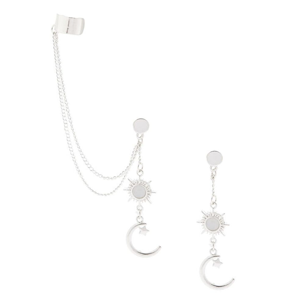 Silver Celestial Ear Cuff Connector Chain Earrings