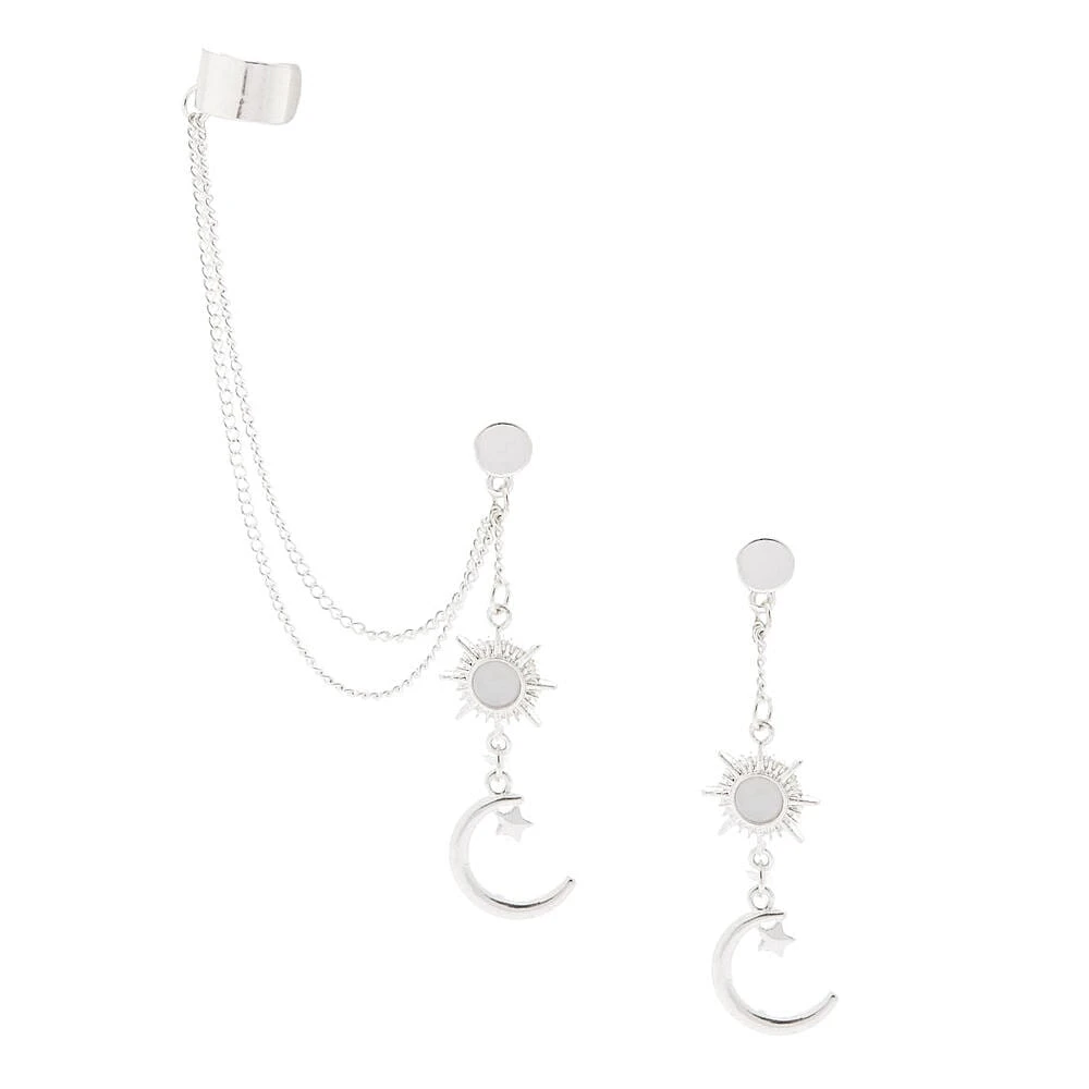 Silver-tone Celestial Moon Ear Cuff Connector Chain Earrings