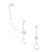 Silver-tone Celestial Moon Ear Cuff Connector Chain Earrings