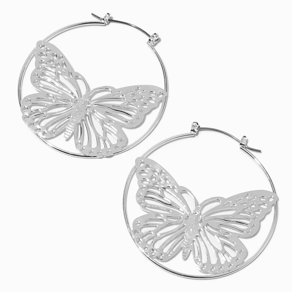 Silver-tone Filigree Butterfly 50MM Hoop Earrings