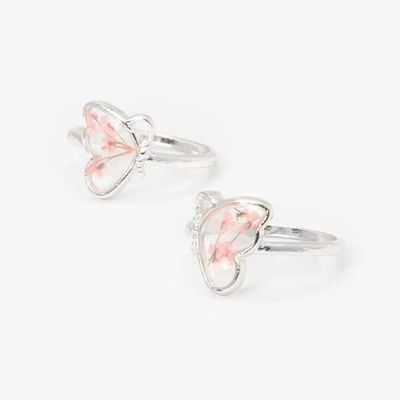 Silver Split Butterfly Pink Flower Rings - 2 Pack