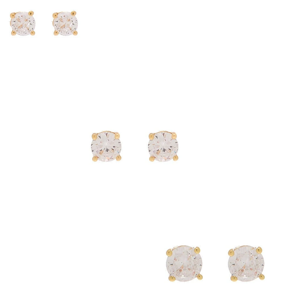 Gold-tone Cubic Zirconia 4mm, 5mm, & 6mm Round Stud Earrings