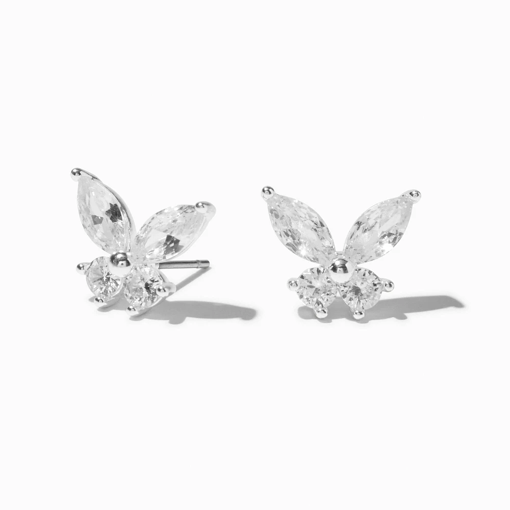 Silver-tone Cubic Zirconia Butterfly Stud Earrings
