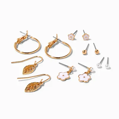 Gold Leaf & Flower Earrings Set - 6 Pack