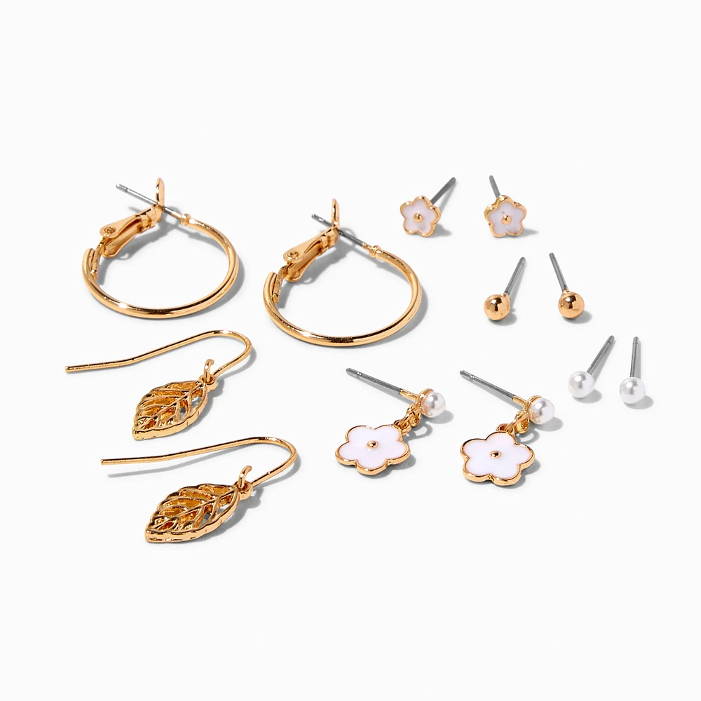 Gold-tone Leaf & Flower Earrings Set - 6 Pack