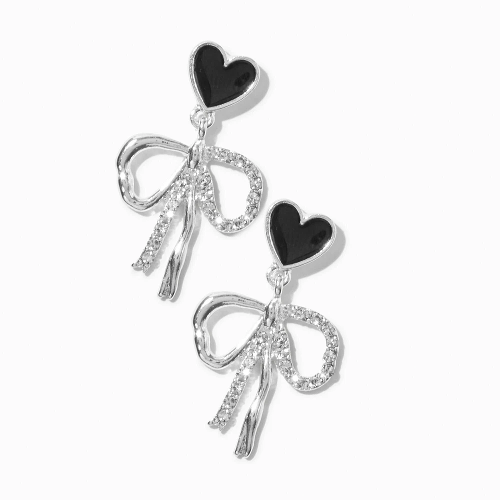 Black Enamel Heart & Silver-tone Bow 1" Drop Earrings