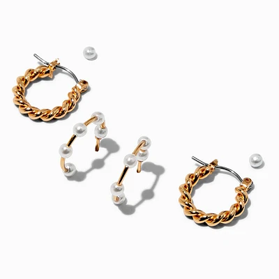 Gold-tone Twisted Pearl Earring Stackables Set - 3 Pack