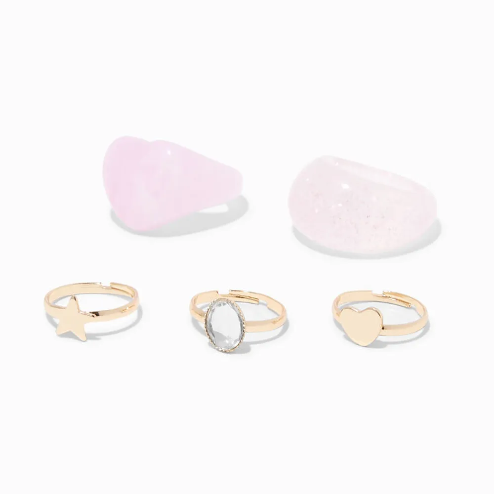 Claire's Club Pink Acrylic Gold Rings - 5 Pack