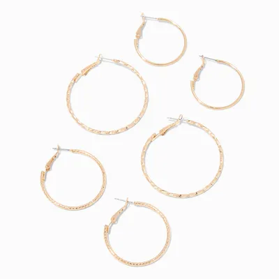Gold Graduated Textured Hinge Hoop Earrings - 3 Pack