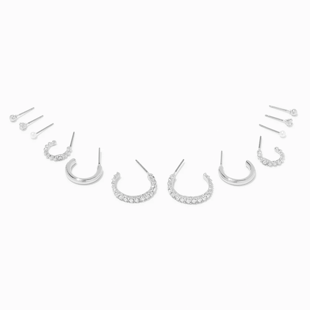 Silver-tone 15MM Crystal Hoop Earrings Stackables Set - 6 Pack