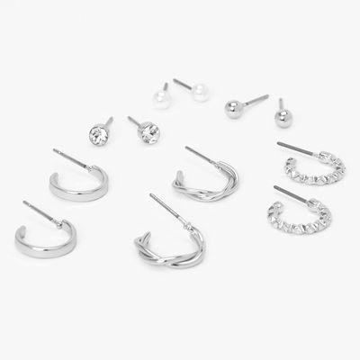 Silver Textured Earrings Set - 6 Pack