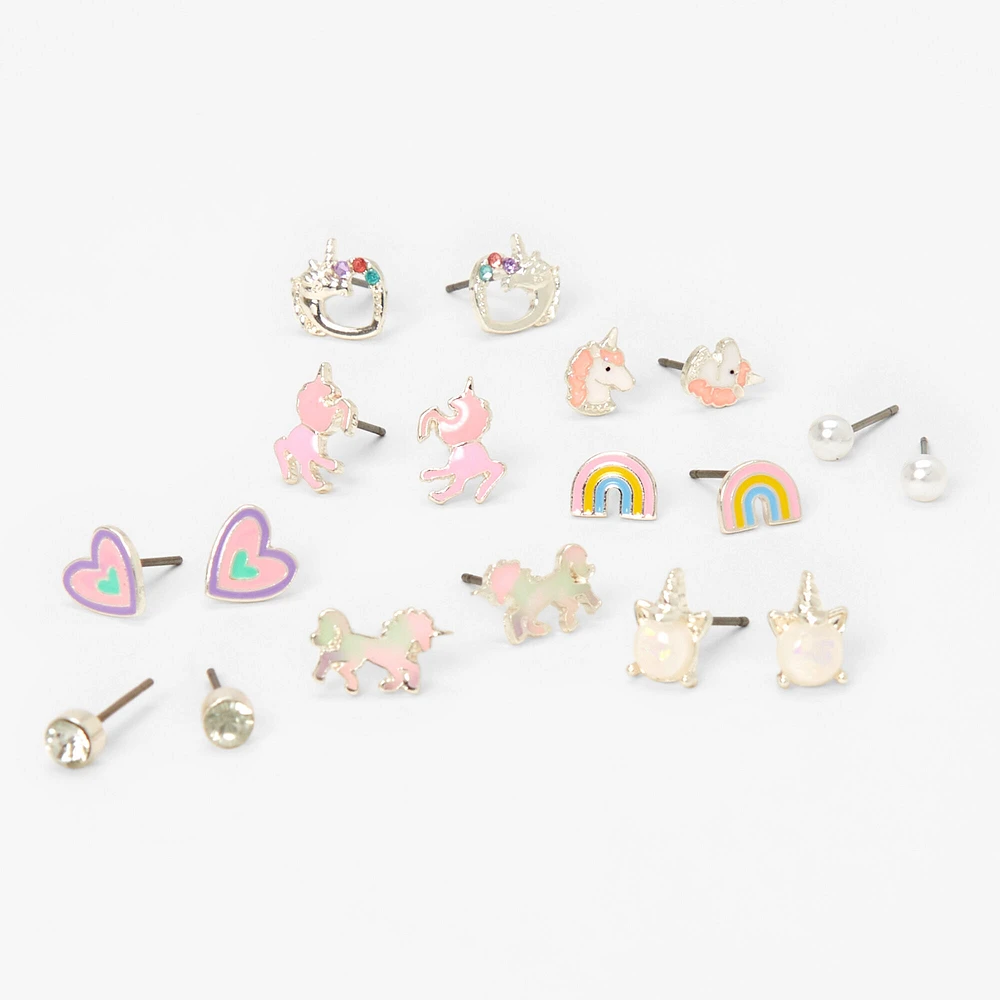 Silver-tone Unicorn Mixed Stud Earrings - 9 Pack