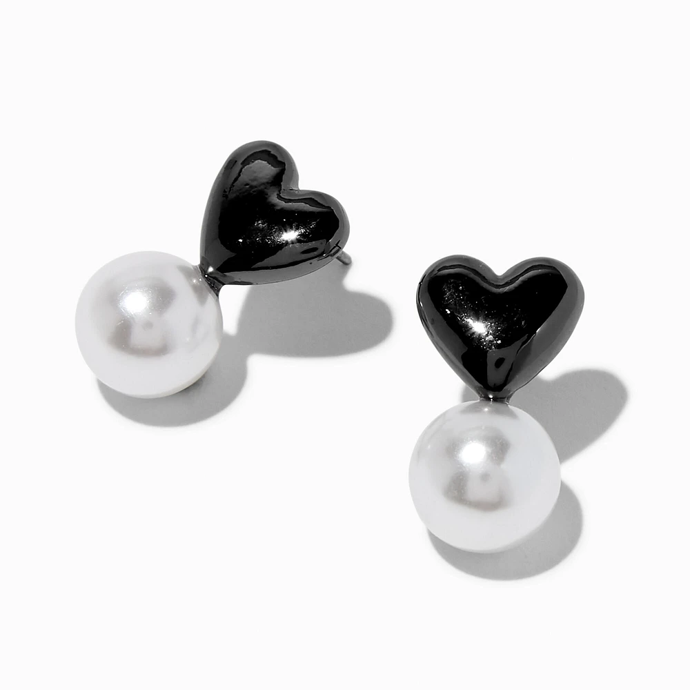 Black Heart & Pearl Stud Earrings