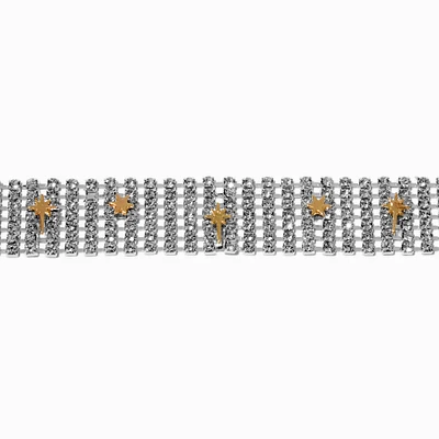 Gold-tone Starburst Silver-tone Rhinestone Choker Necklace