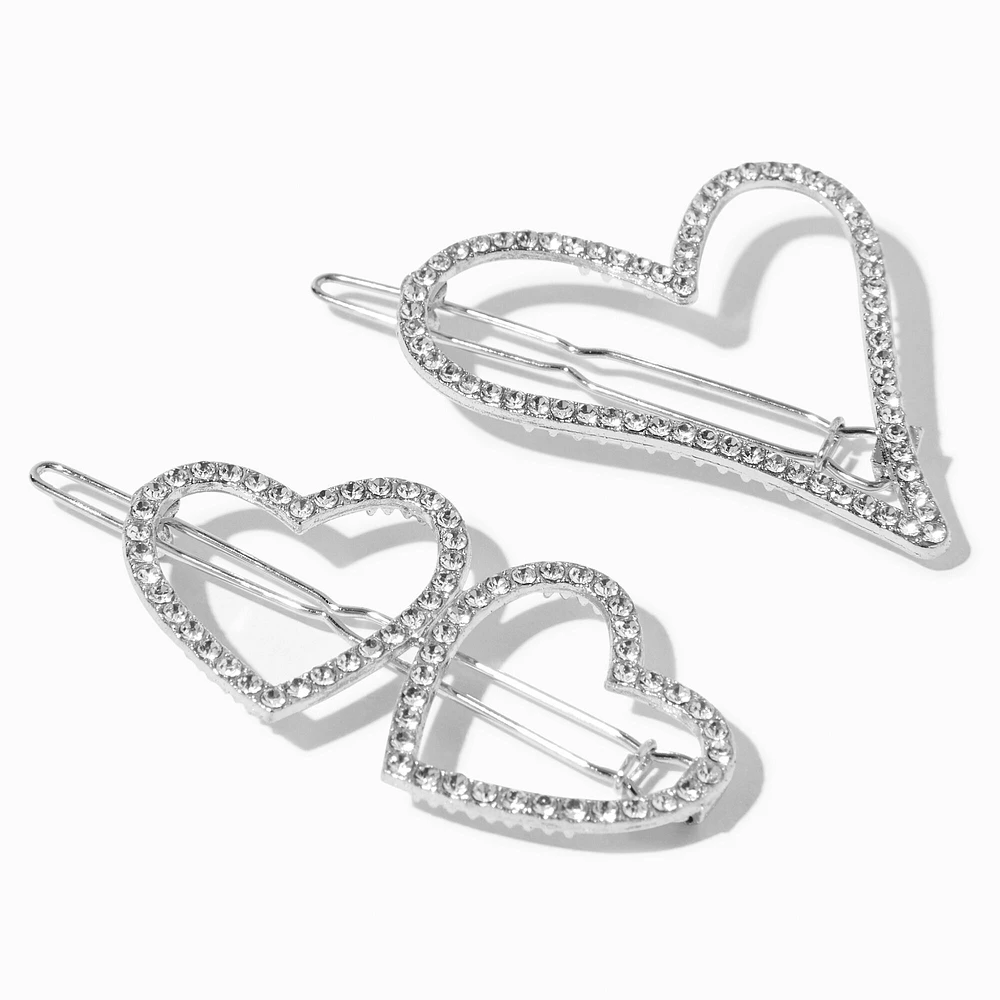 Silver Rhinestone Hearts Metal Hair Clips - 2 Pack