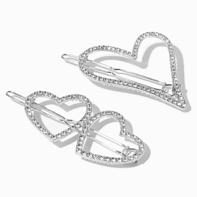 Silver Rhinestone Hearts Metal Hair Clips - 2 Pack