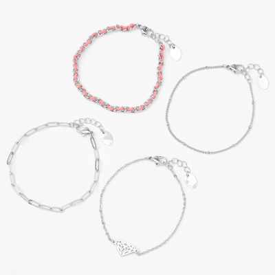 Silver Rhinestone Beaded Chain Bracelets - 4 Pack
