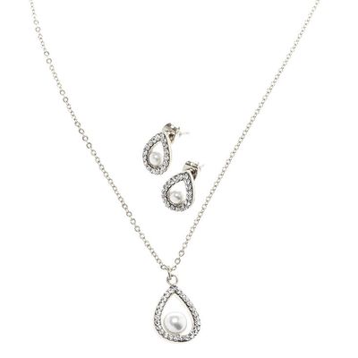 Silver-tone White  Pearl Teardrop Pendant Necklace & Earring Set