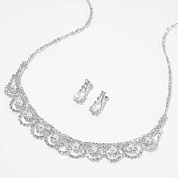 White Pearl & Silver Rhinestone Scalloped Choker  & Drop Earrings Set - 2 Pack