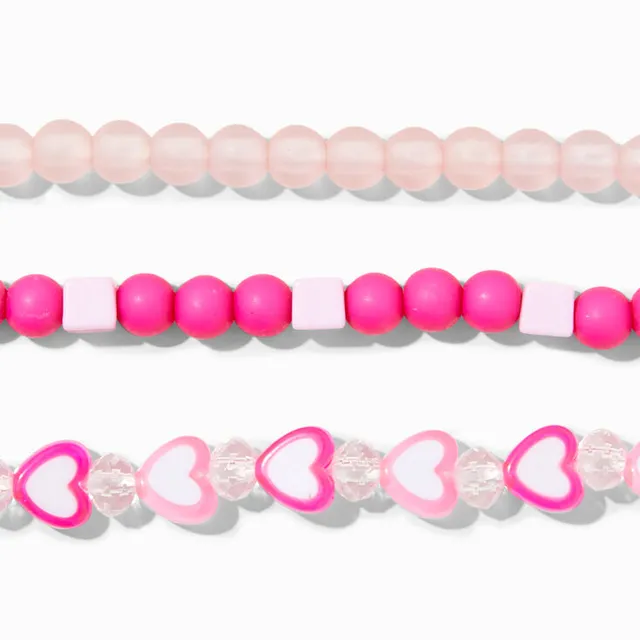 Silver Heart Pink Beaded Stretch Bracelet