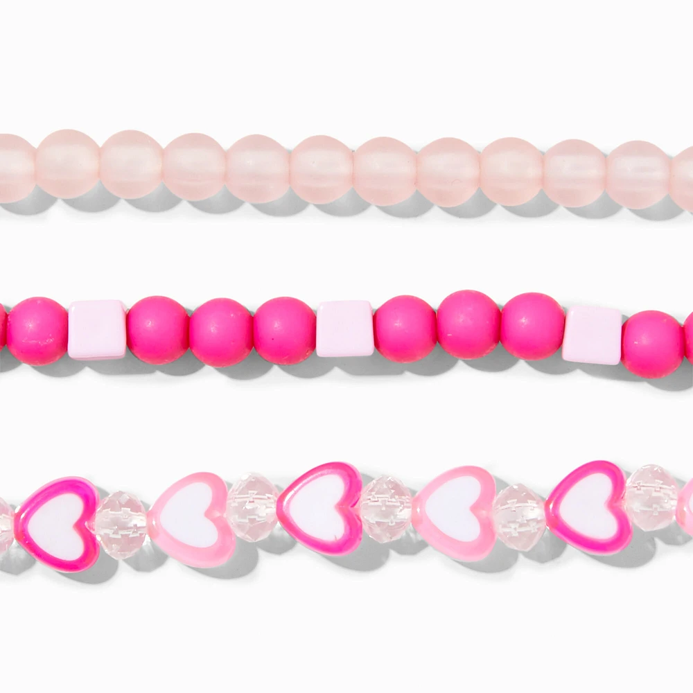 Pink Heart Beaded Stretch Bracelets - 3 Pack
