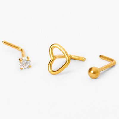 Gold-tone Titanium 20G Open Heart & Mixed Stud Nose Rings - 3 Pack