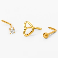 Gold-tone Titanium 20G Open Heart & Mixed Stud Nose Rings - 3 Pack