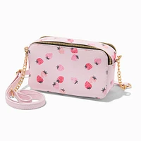 Pink Strawberry Print Camera Crossbody Bag